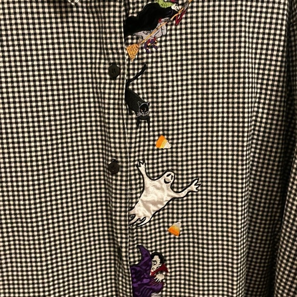 VICTORIA JONES BLACK WHITE EMBROIDERED HALLOWEEN SHIRT PLUS 30W - Picture 2 of 7